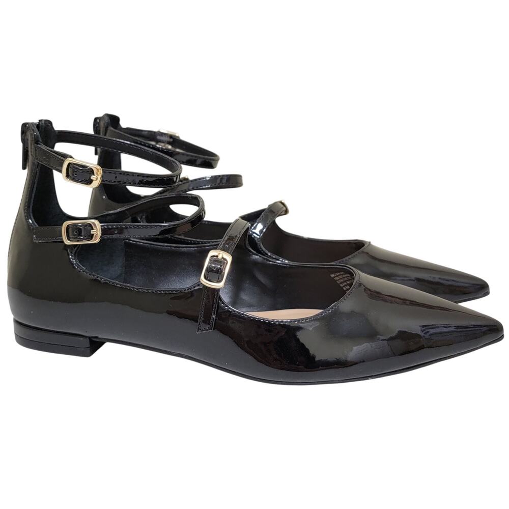 INC INTL Concepts Valan Triple Strap Pointed Toe Flat Size US 8M Black Patent